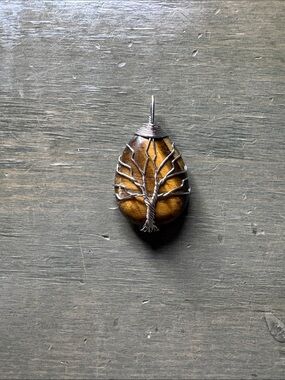 Tree of Life Tiger’s Eye Pendant Necklace in Brown with Silver Wire Wrap